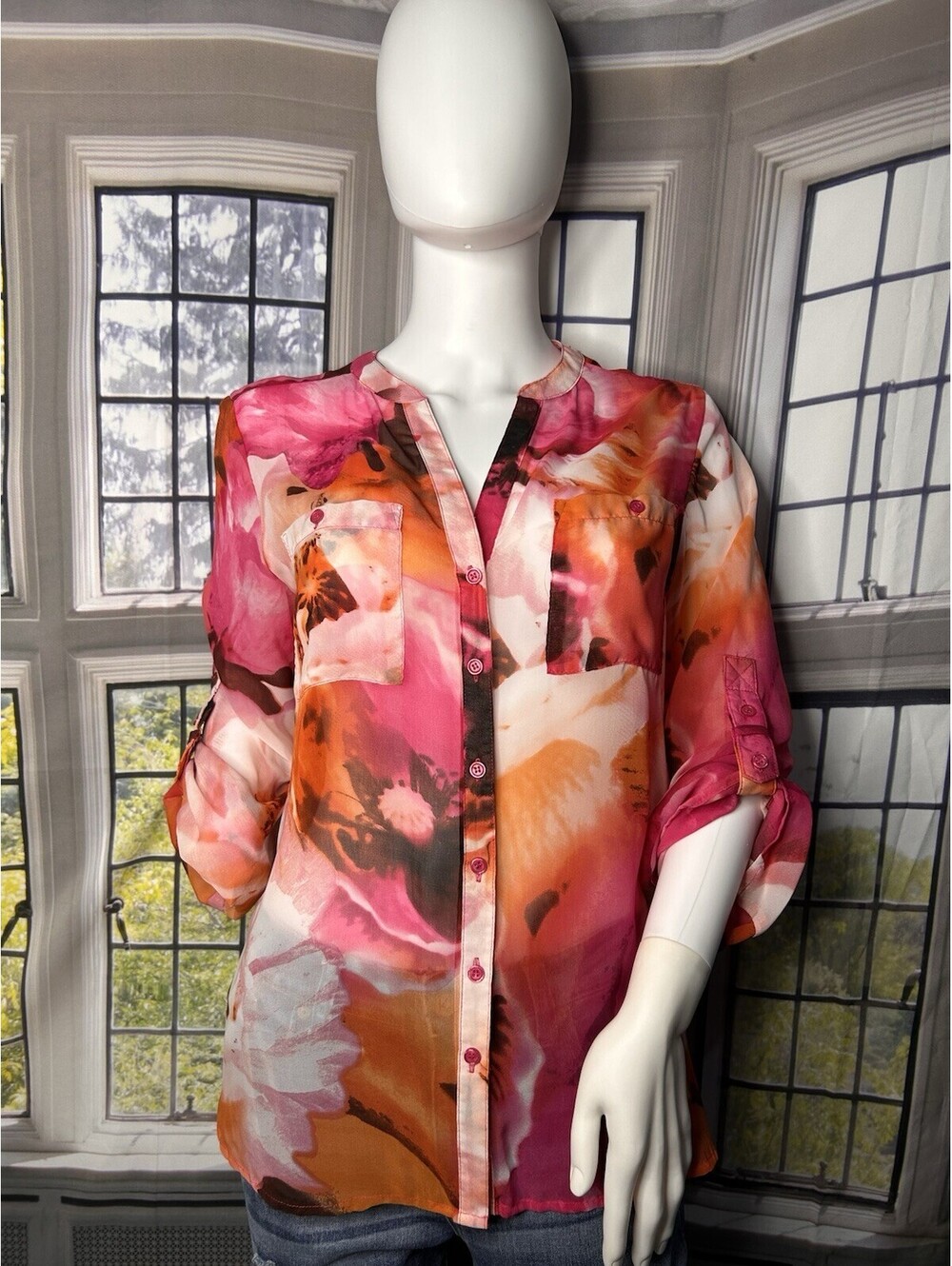 Covington Petite Floral Blouse Women’s S/P | Sheer Pink Orange Button Front